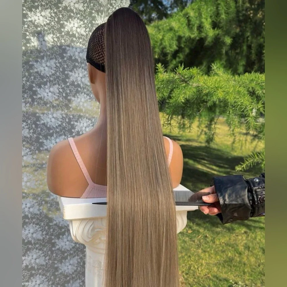 Balayage Wrap-Around Ponytail – Ombre Brown to Ash Blonde 32 “Extension - Picture 2 of 15